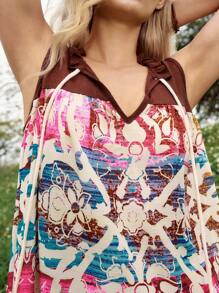 Bohemela Vacation Style Full Printed Sleeveless Casual Dress With Knot Detail On Collar - Multicolor - View 5