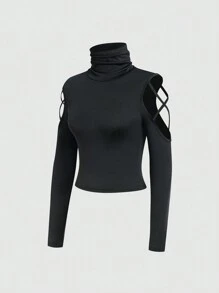 INAWLY 女士高領鑽孔袖t恤 - 黑色 - 查看 4