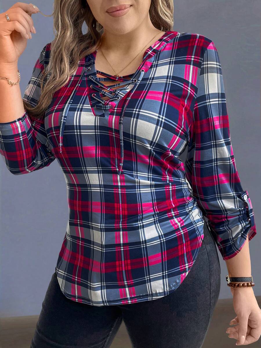 Calvaya 大尺碼女士方格紋縐襯領綁帶下擺長袖t恤 - 玫紅色 - 查看 1