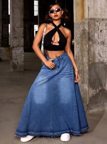 SHEIN ICON Váy denim dài thường ngày có túi cho nữ - Màu xanh lam - Xem 5