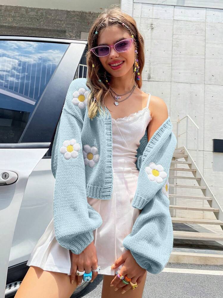 Chiquease Women's Floral Pattern Drop Shoulder Long Sleeve Crop Cardigan For Spring And Autumn Fall Winter Cloth For Women - Baby Blue - View 1