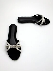 Women's Elegant Feng Shui Rhinestone & Pearl Decorated Flat Sandals, Casual/Party, Black Satin Material, Round Toe - Black - View 5