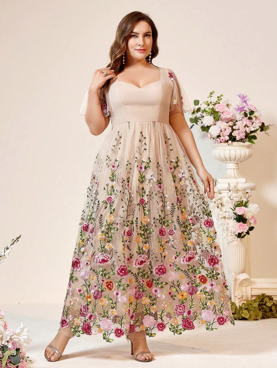 SHEIN Belle 优雅大码香槟卡其色网纱浪漫婚礼预览甜心领口胸罩杯荷叶边袖高腰瑜伽下摆约会度假单身毕业季派对复活节婚礼活动伴娘音乐节重磅晚宴舞会礼服正式晚宴婚礼宾客礼服，情人节 - 粉色 - 查看 1