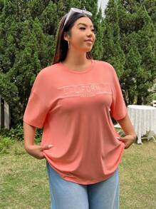 CovetEZ 大尺碼字母刺繡圓領短袖t恤 - 橘色 - 查看 4