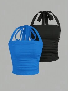 SHEIN EZwear 2pcs/Set Fashionable Knitted Women's Halter Neck Top - Royal Blue - View 1