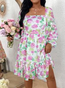 SHEIN Unity 大尺碼度假花卉印花燈籠袖連衣裙 - 彩色 - 查看 5