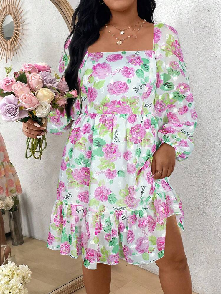 Plus Size Vacation Floral Print Lantern Sleeve Dress