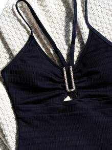SHEIN Swim 夏季海滩纯色细肩带连体泳衣 - 藏蓝色 - 查看 8