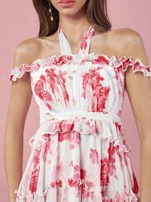 Enchnt Vestido Con Cuello Halter, Diseño Con Estampado De Flores Y Detalles De Volantes Para Mujeres - Rosa - Ver 5