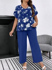SHEIN LUNE 大码女式优雅花卉印花短袖上衣和裤子套装，适合夏季 - 寶藍色 - 查看 6