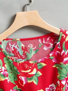 EMERY ROSE Women's Floral Print Round Neck Short Sleeve Ruffle Hem Blouse For Summer - Red - View 4