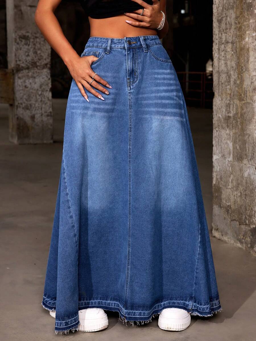 SHEIN ICON Váy denim dài thường ngày có túi cho nữ - Màu xanh lam - Xem 1