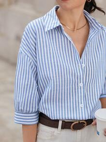 Poéselle Drop Shoulder Shirt Women's Long Sleeve Striped Shirt, Cute Summer Tops, Summer Women's Clothing, White Shirt, Fresh Casual Shirt, Button Closure, Covered Shirt, Lightweight And Breathable Made Of Comfy Material, Suitable For Holiday Going Out, Casual Daily 100% Cotton - Baby Blue - View 6
