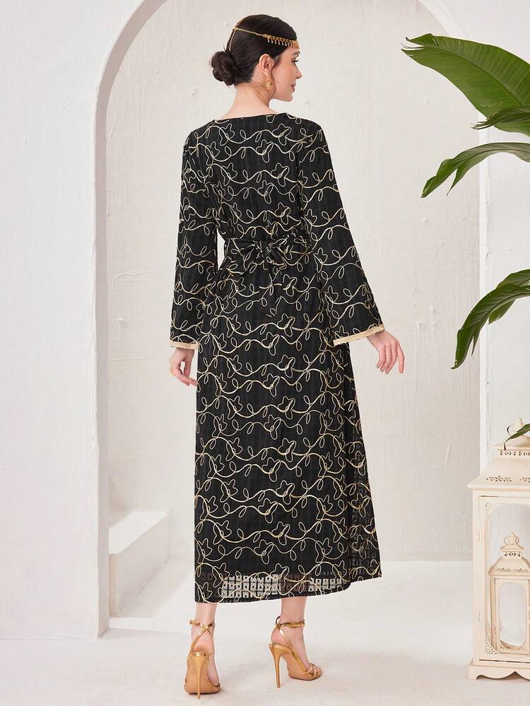 Women's Embroidered Flare Sleeve Turkish Long Shirt Kaftan Jalabiya Dress