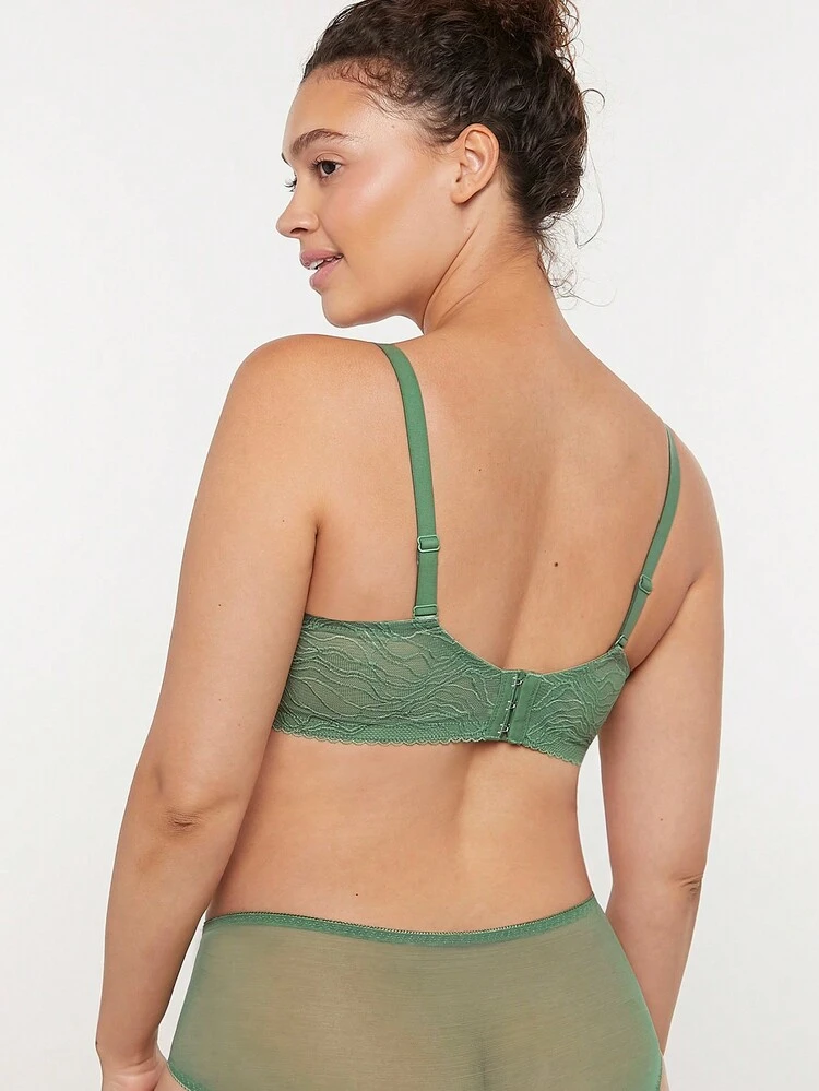 Lingerie Lounge Curve Plunge Unlined V-Neck Push-Up Lace & Mesh Green Minimizer Bra