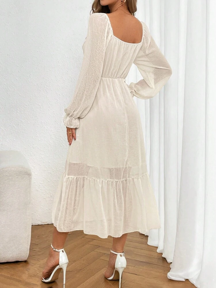 Casual Spring Fish Tail Hem Midi Dress With Square Neckline