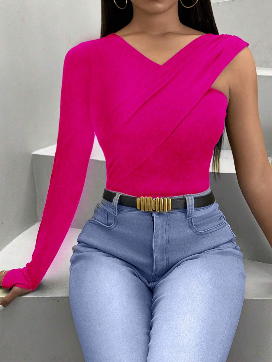 VaVaBold Spring Casual Slim Fit Asymmetric Neckline T-Shirt - Hot Pink - View 1