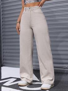 Jeanoix 女式休閒日常直筒牛仔褲 - 米色 - 查看 4