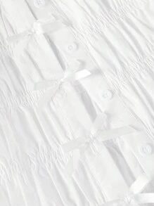 SHEIN MOD 蝴蝶結綁帶折疊蕾絲下擺泡泡袖衣服 - 白色 - 查看 4