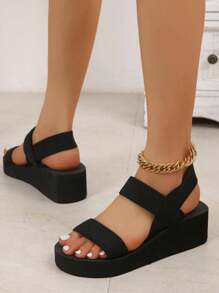 Women's Platform Wedge Heel Sandals, High Heel Slip On Casual Slippers, Fashionable Minimalist Sporty Style, Suitable For Vacation, Travel, Island, All Seasons, Ankle Strap And Elastic Laces, Black