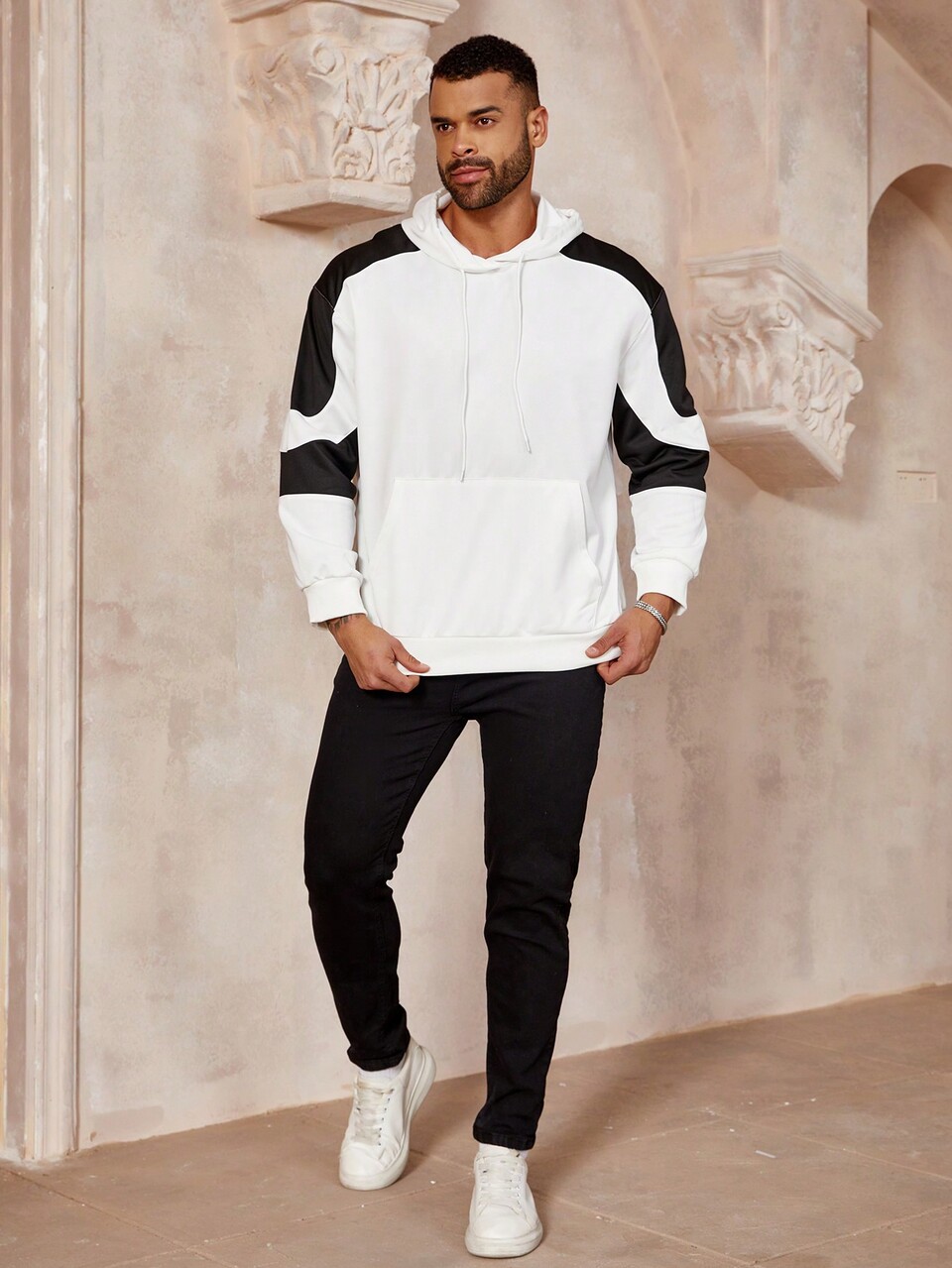 Men's Plus Size Fashionable Color Block Sweatshirt With Hood