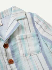 Cozy Pixies 嬰兒男孩條紋加領釦扣襯衫和休閒短褲套裝 - 綠色 - 查看 4