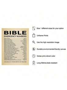1pc/Set Bible Emergency Numbers - Christian Canvas Wall Decor Printint, This Bible Inspirational Wall Art Is A Vintage Faith Christian Gift For Living Room Decor, Office Decor,Without Frame