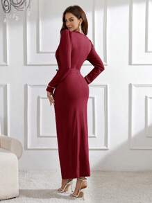Modelyn 勃艮第红色女士春夏泡泡袖圆领开衩紧身连衣裙 - 酒紅色 - 查看 5