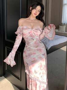 DAZY 女士玫瑰蝴蝶印花露肩收腰连衣裙，挤奶女工连衣裙，荷叶边，休闲女装，秋季长袖碎花连衣裙 - 米色 - 查看 5