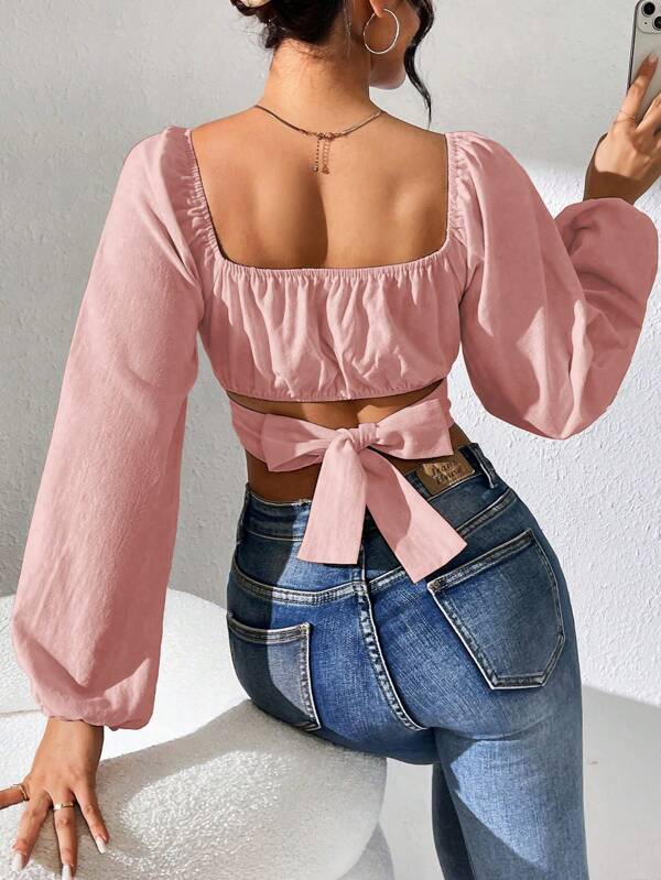 SHEIN PETITE Ladies" Fashionable Sweet Square Collar Backless Tie-Up Shirt,Long Sleeve Tops