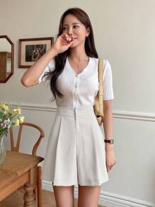 DAZY Women's Solid Color Pleated Wide Leg Shorts Summer - Beige - View 5