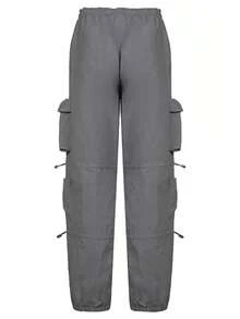 NVFelix Quần Cargo trơn màu thu mới cho nữ | Cạp chun rút + Túi bo gấu, tiện dụng và thời trang - Xám - Xem 3