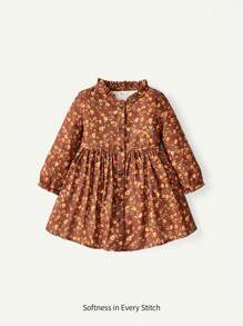 Cozy Pixies 女嬰印花荷葉邊翻領長袖高腰洋裝 - 彩色 - 查看 1