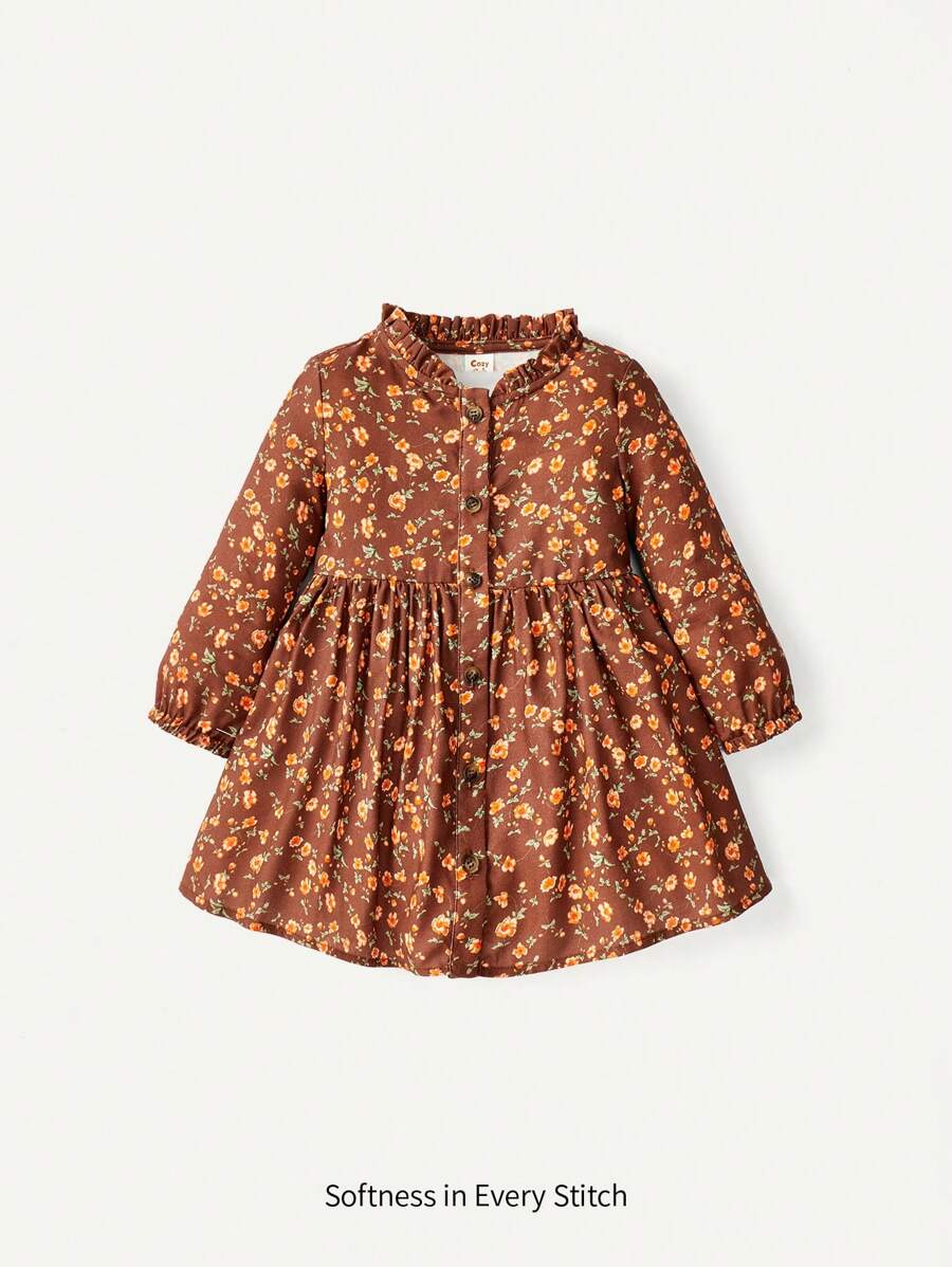 Cozy Pixies 女嬰印花荷葉邊翻領長袖高腰洋裝 - 彩色 - 查看 1