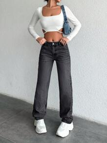 EURMUSE Casual Cat Whisker Washed Straight-Leg Jeans With Slanted Pockets - Hitam - View 4