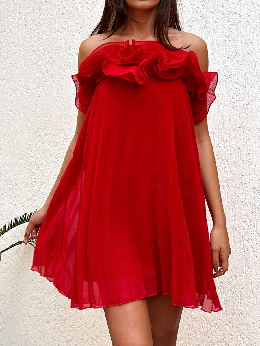 RueChic Summer Casual Multi-Layer Ruffle & Pleated Strapless Dress - Hot Pink - View 1