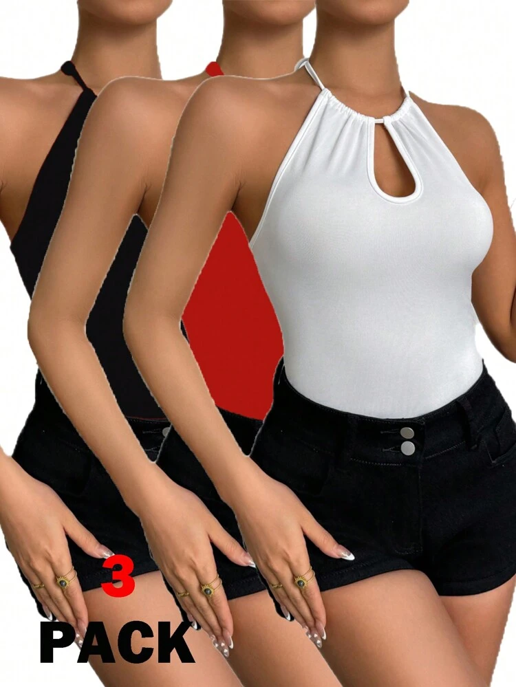 3pcs Solid Color Halterneck Slim Fit Tank Top With Keyhole