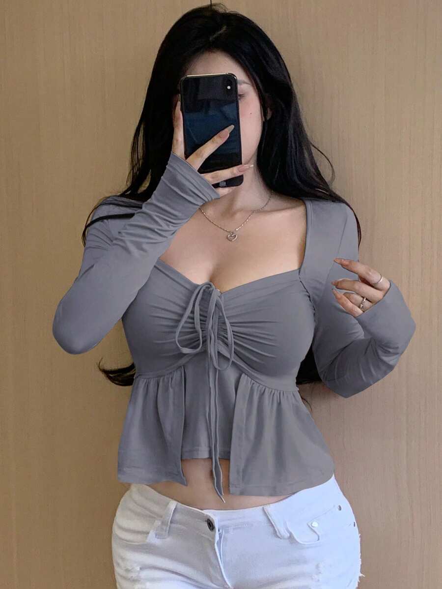 Dazy Star Áo thun dài tay cổ xếp ly mùa xuân viền bất đối xứng - Xám - Xem 1