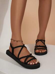 Sandali Piatti Da Donna, Sandali Neri Con Incroci Di Raso E Decorazione In Corda Simile A, Stile Casual Semplice Perfetto Per L'estate, Punta Aperta, Suole Intrecciate, Stile Vacanza - nero - Visualizzare 3
