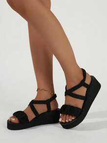 Dép xăng đan nữ màu đen có thể gập lại với quai giả da lộn, đế chống trượt, họa tiết hình học, lý tưởng cho kỳ nghỉ, du lịch và mặc hàng ngày trong ngày lễ tình nhân - màu đen - Xem 3