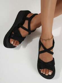 女士黑色涼鞋,幾何式度假&旅遊&日常休閒拖鞋,帶麂皮帶和麻感外底 - 黑色 - 查看 5