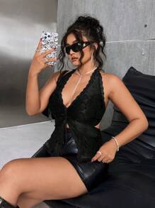 SHEIN ICON Plus Size Summer Solid Color Jacquard Lace Patchwork Backless Halter Top - Black - View 1