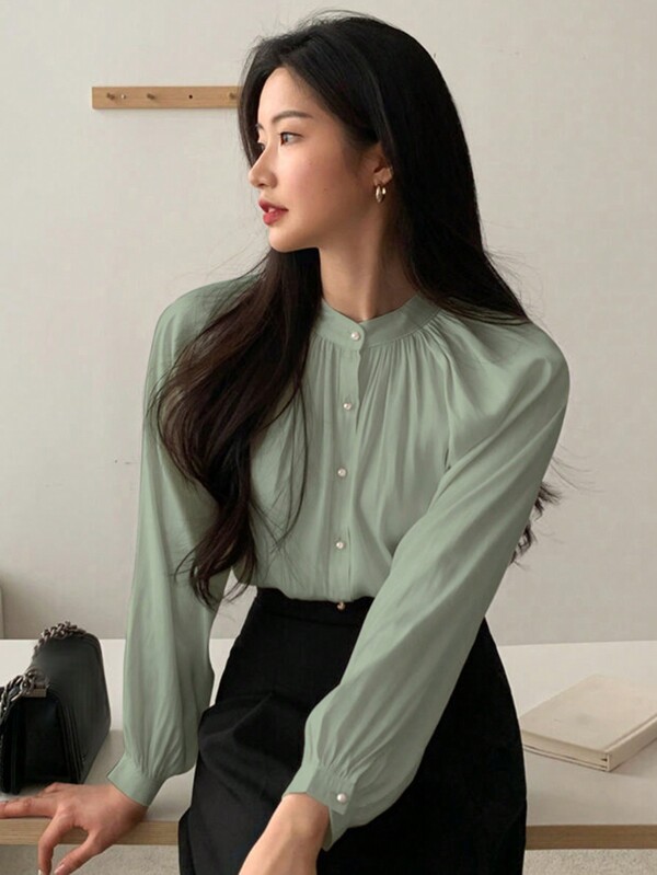DAZY Women's Spring Solid Color Button-Up Lantern Sleeve Blouse,Fall Clothes