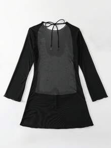 女士純色透明網眼無背遮罩衣 - 黑色 - 查看 4