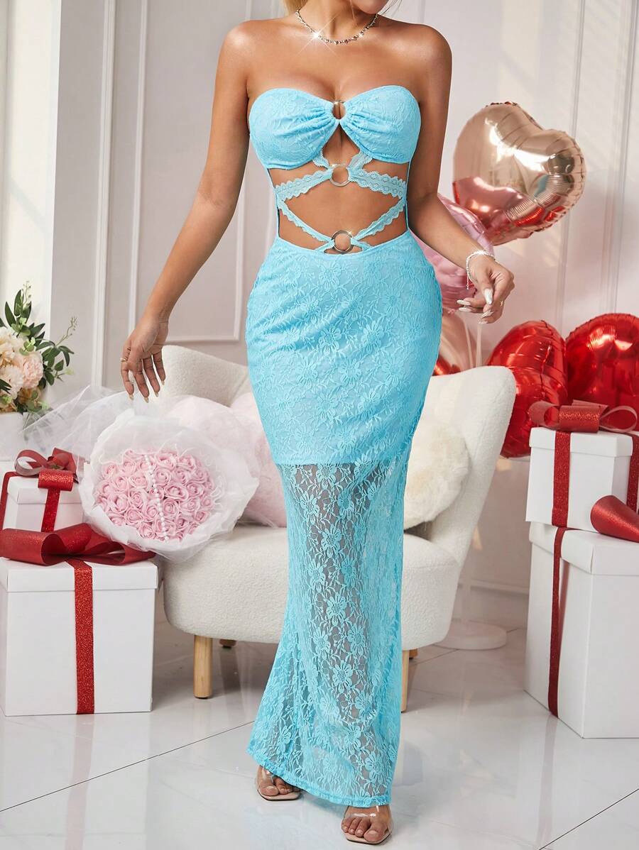 Zolique Women's Solid Color Lace Hollow Out Strapless Dress For Valentine's Day - Blue - View 1