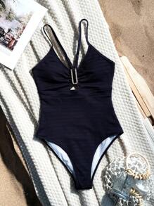 SHEIN Swim 夏季海滩纯色细肩带连体泳衣 - 藏蓝色 - 查看 5