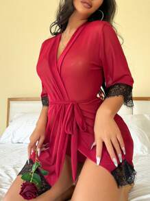 Lace & Mesh Splice Sexy Lingerie Dress - Burgundy - View 3