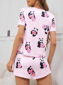 Conjunto de pijama para mujer con estampado de panda y rosquilla, cuello redondo, talla regular