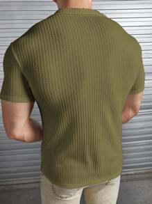 HIMLAND 男士夏季純色短袖休閒襯衫 - 軍綠色 - 查看 2