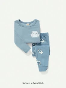 Cozy Pixies 嬰兒男童緊身睡衣套裝，附有熊圖案長袖上衣和長褲配套 - 霧霾藍 - 查看 1